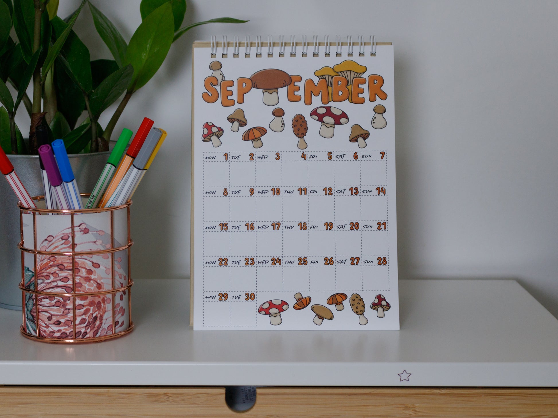 2025 Colourful Desk Calendars - September with Mushroom Design