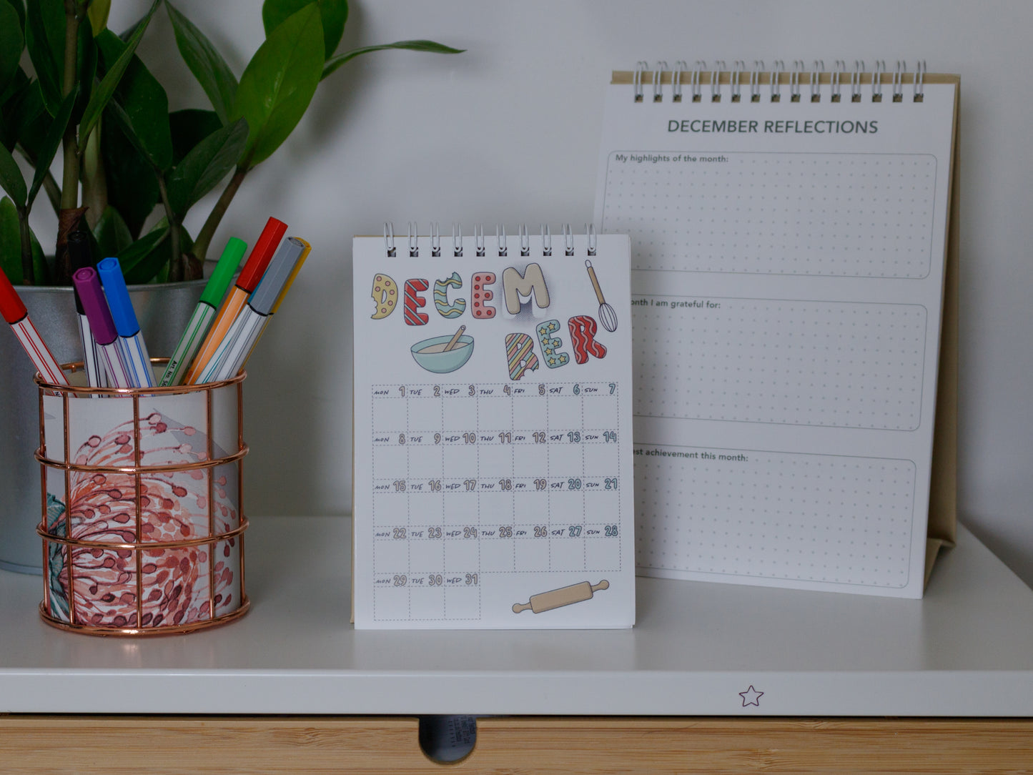 2025 Colourful Desk Calendars - Size A5 and A6 - December with Biscuit Design and Journal Prompts