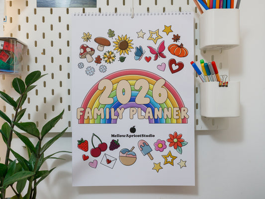 2026 A3 Family Planner with colourful designs on a white surface.