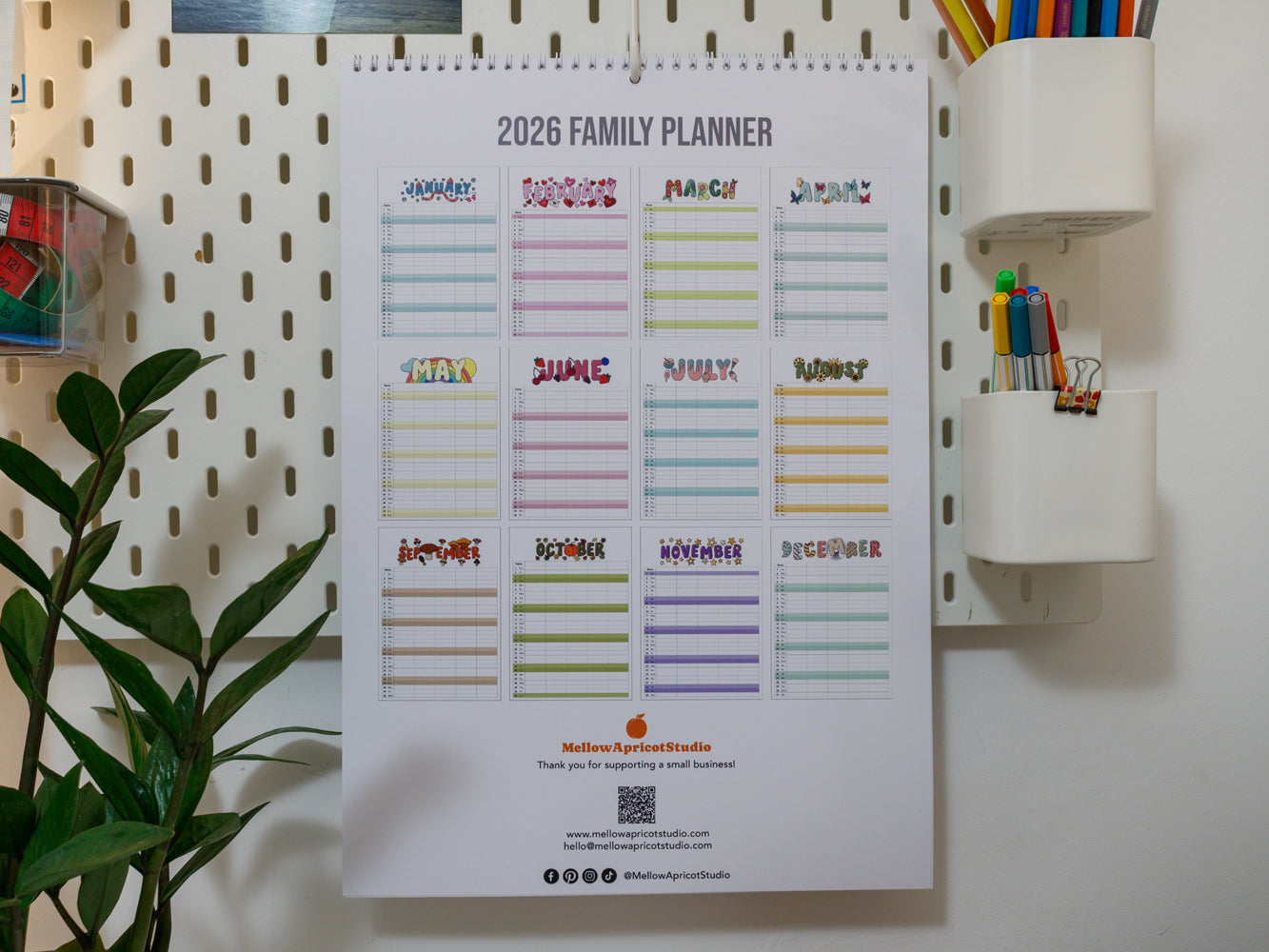 2026 A3 Family Planner: Yearly overview page on a wall with stationery items