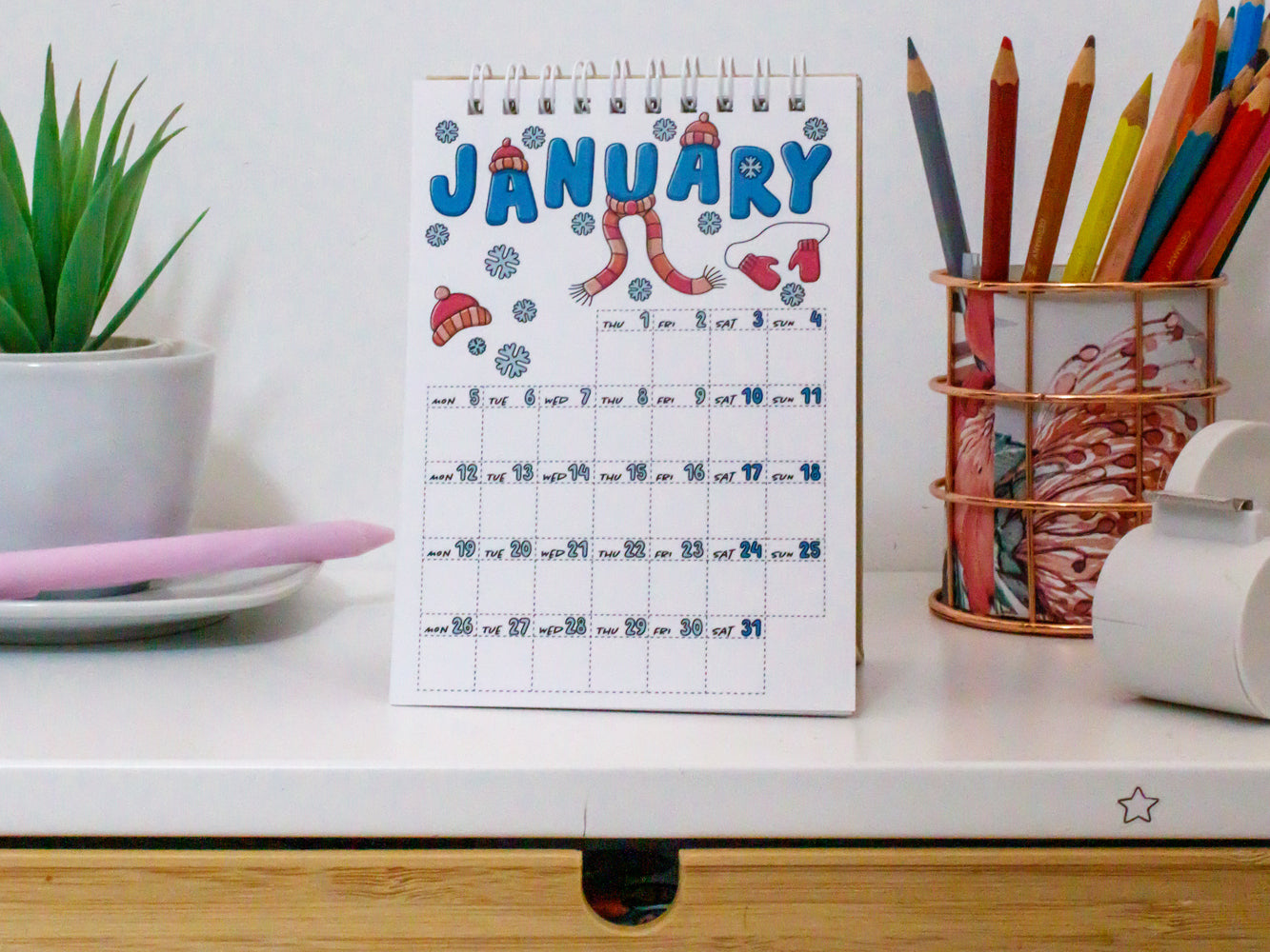 2026 Colourful Mini Desk Calendar with Journal Prompts - January Page