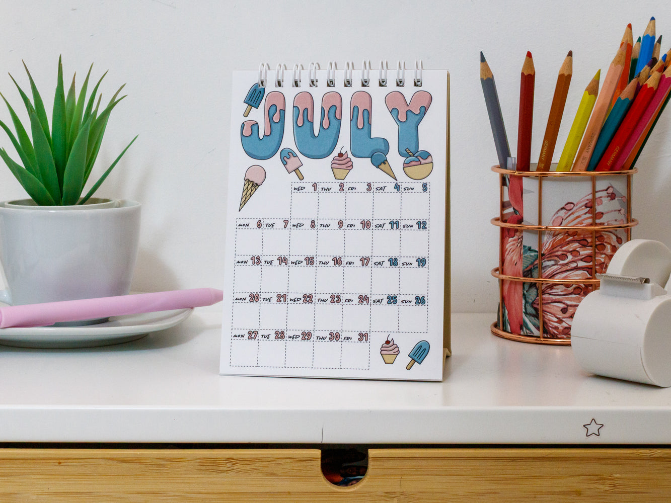 2026 Colourful Mini Desk Calendar with Journal Prompts - July Page