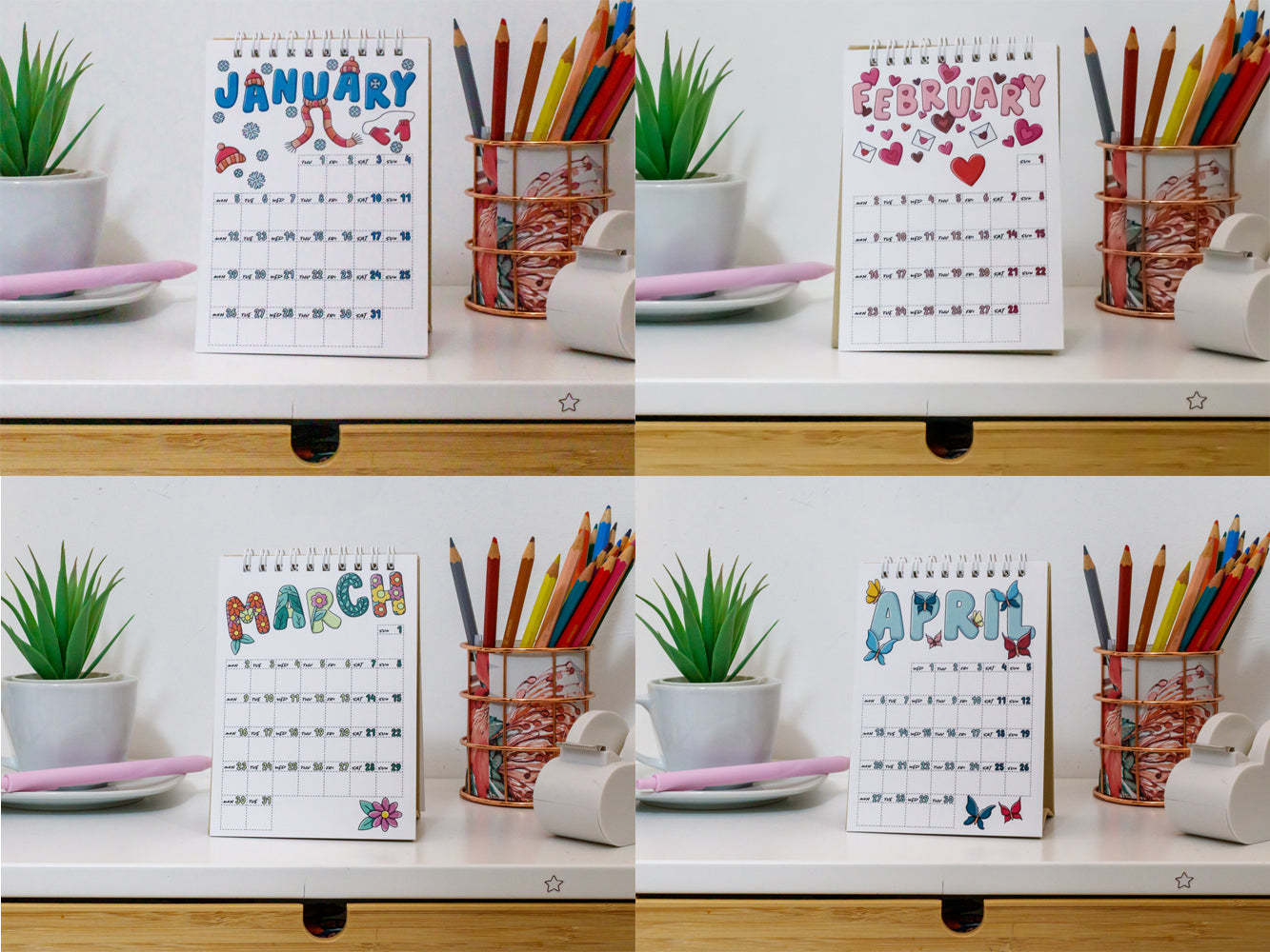 2026 Colourful Mini Desk Calendar with Journal Prompts - January, February, March and April Pages