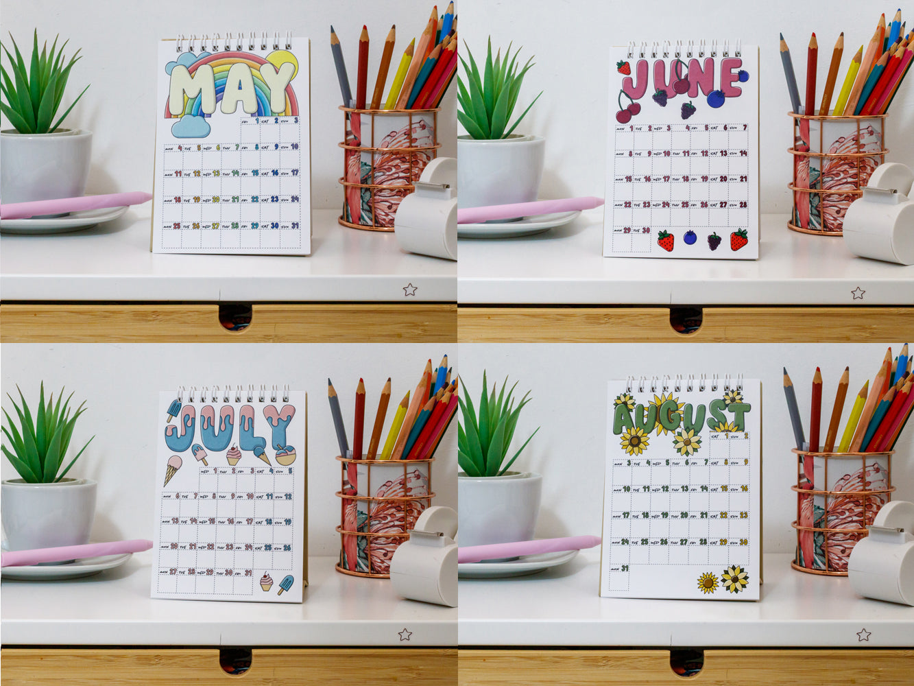 2026 Colourful Mini Desk Calendar with Journal Prompts - May June, July and August Pages