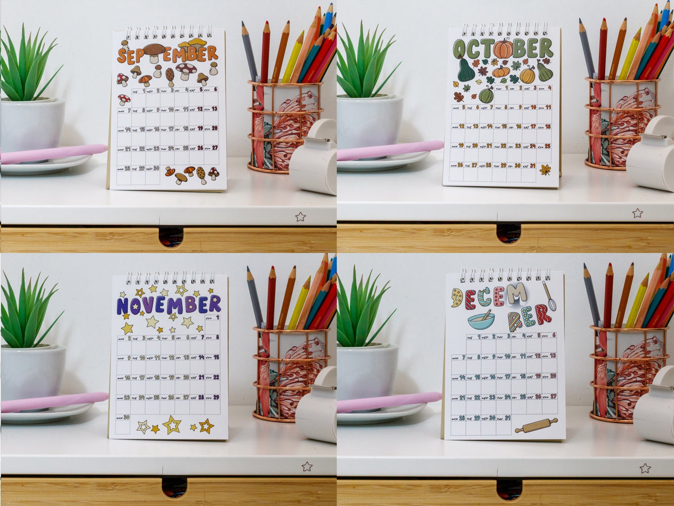 2026 Colourful Mini Desk Calendar with Journal Prompts - September, October, November and December Pages