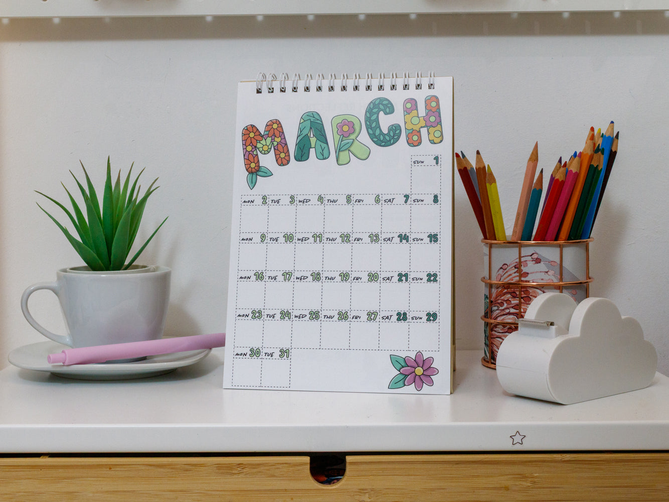 2026 A5 Colourful Desk Calendar with Journal Prompts - March Page