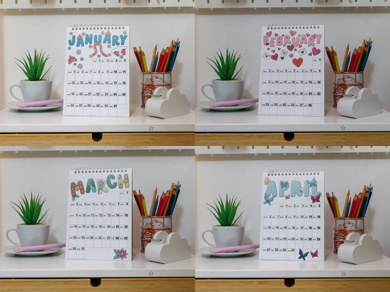 2026 A5 Colourful Desk Calendar with Journal Prompts - January, February, March and April Pages