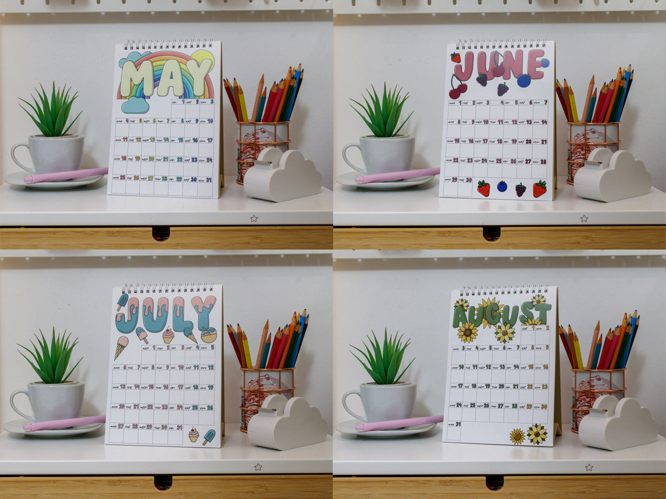 2026 A5 Colourful Desk Calendar with Journal Prompts - May, June, July and August Pages