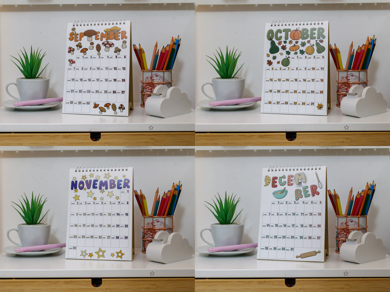 2026 A5 Colourful Desk Calendar with Journal Prompts - September, October, November and December Pages