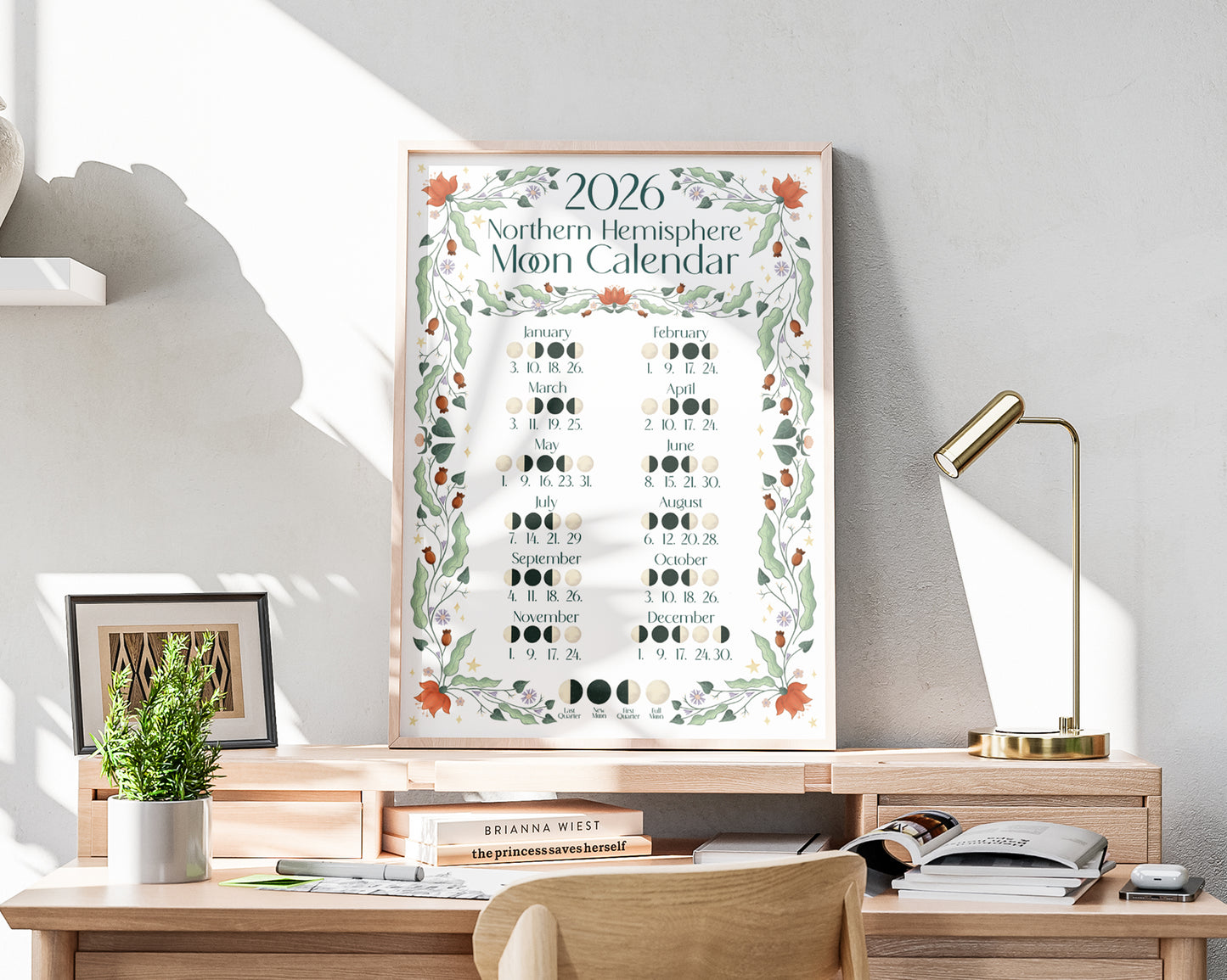 2026 Moon Calendar - A3 Print - Northern Hemisphere - Framed on desk
