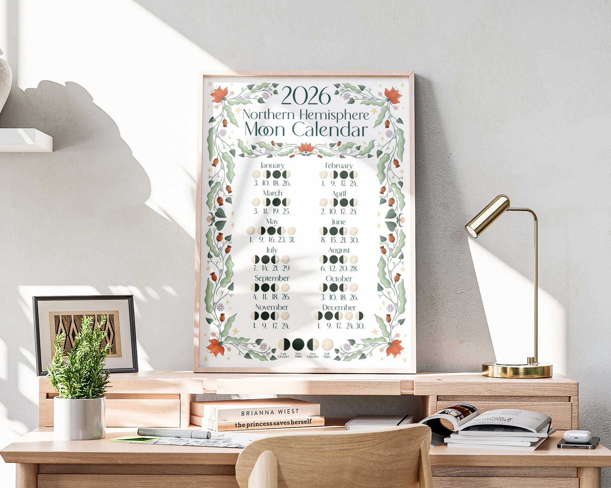 2026 Moon Calendar - A3 Print - Northern Hemisphere - Framed on desk