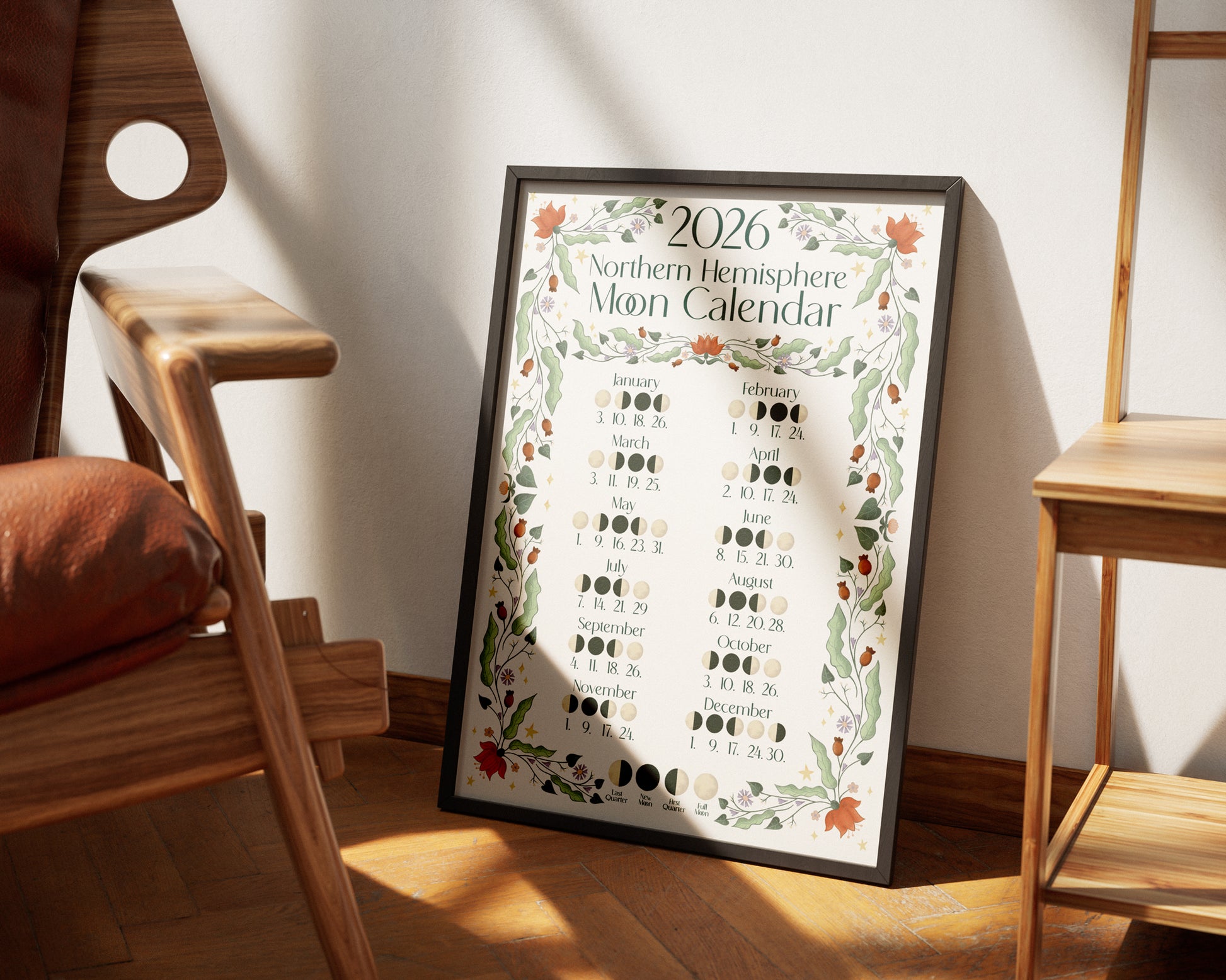 2026 Moon Calendar - A3 Print - Northern Hemisphere - Framed against wall