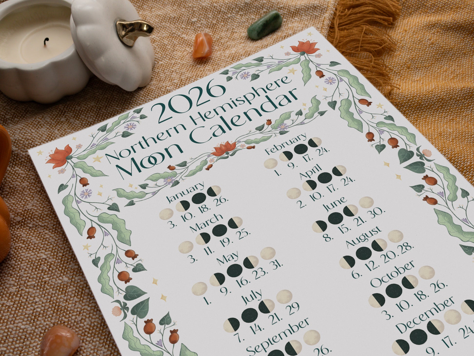 2026 Moon Calendar - A3 Print - Northern Hemisphere - close up