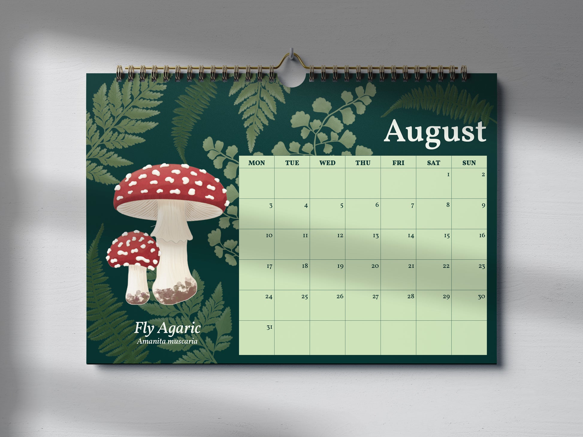 2026 Mushroom Calendar by Mellow Apricot Studio - August page featuring fly agaric mushroom
