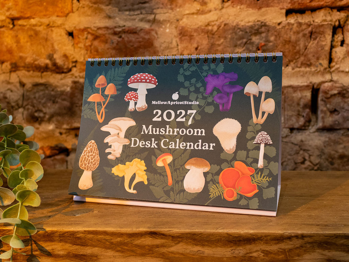 2027 Mushroom Desk Calendar by Mellow Apricot Studio stands on a rustic wooden table against a warm brick wall. The cover features a dark forest-green background decorated with various colourful mushroom illustrations.