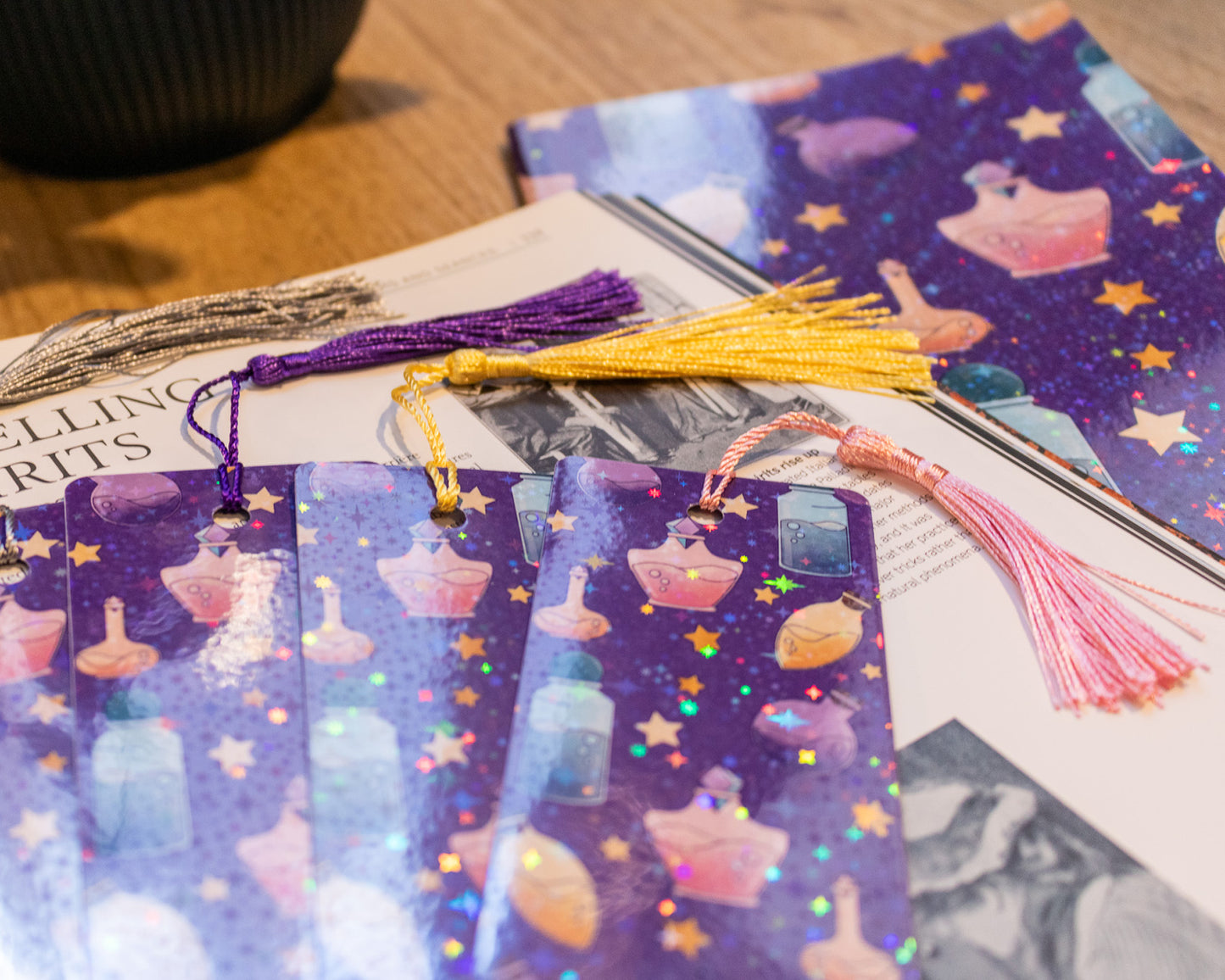 Handmade Bookmark with Tassel and Holographic Magic Potion Pattern - close up of multiple tassel colours