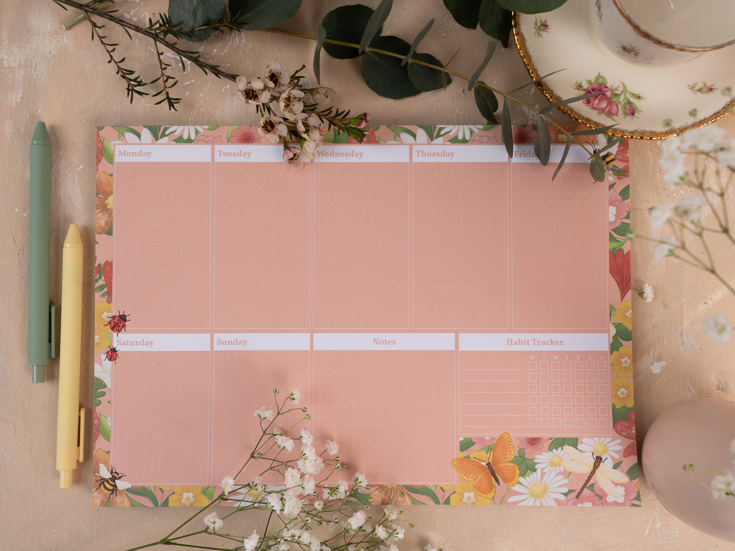 A4 Weekly Planner Pad With Spring Meadow Design