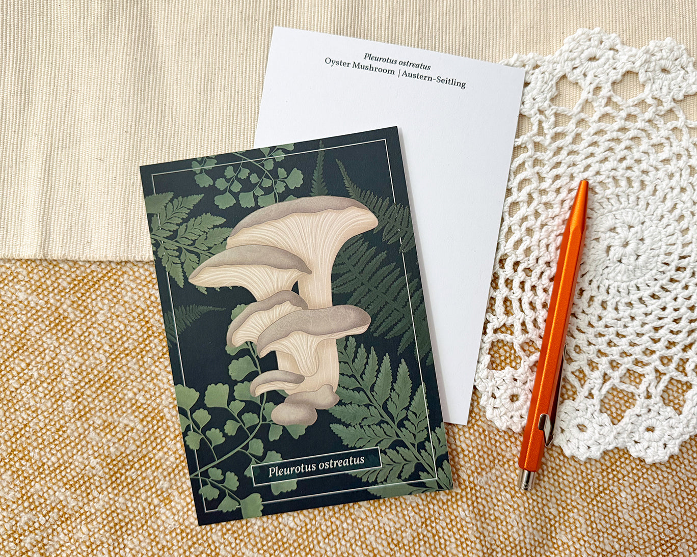 Postcard featuring an illustration of an oyster mushroom