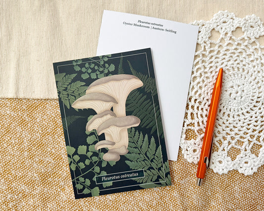Postcard featuring an illustration of an oyster mushroom