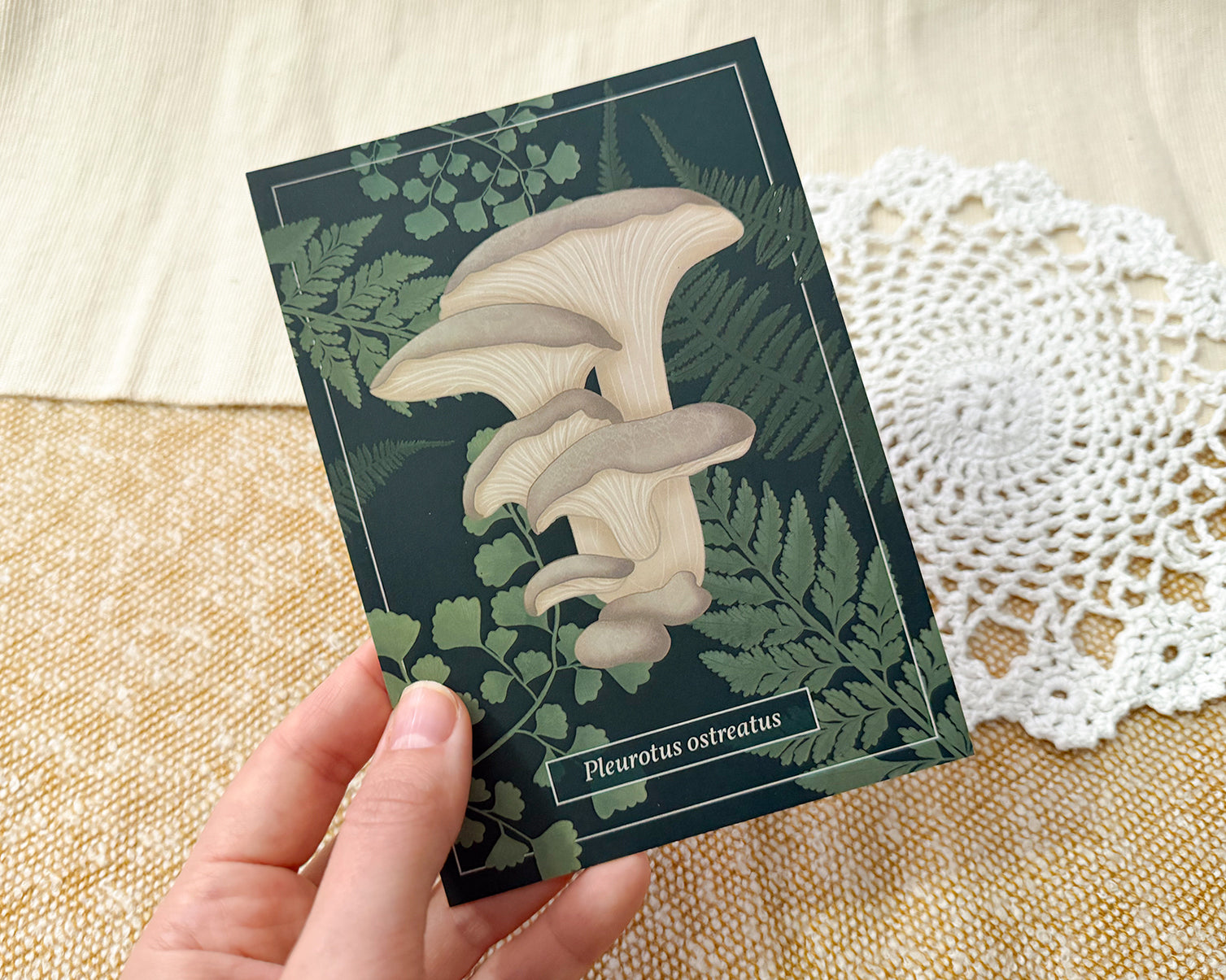 Card with oyster mushroom illustration held by a hand on a textured surface