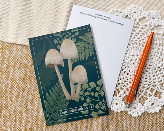 Postcard featuring an illustration of an glistening inkcap mushroom