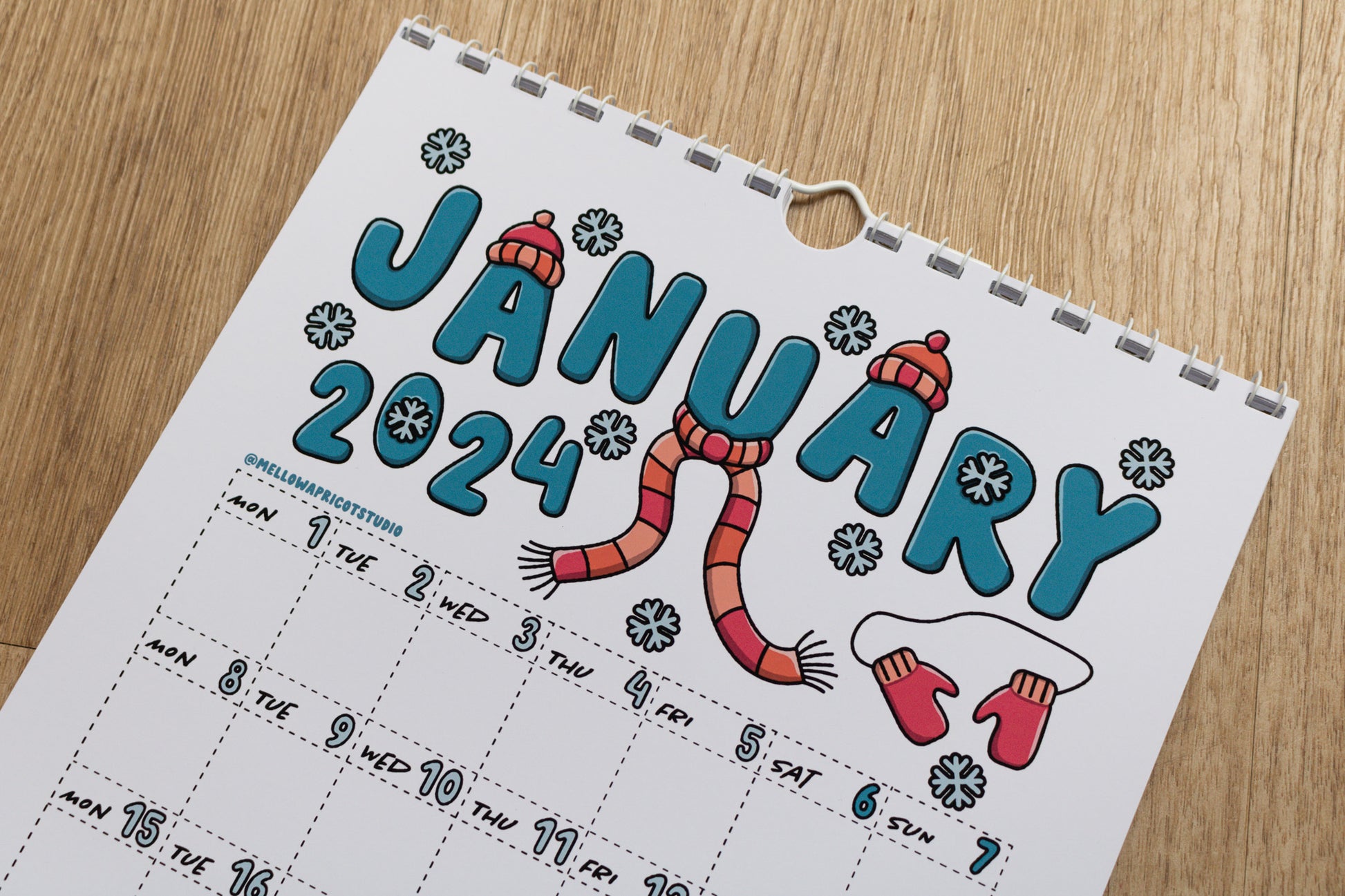 2024 Colourful Wall Calendar - January page with snowflakes