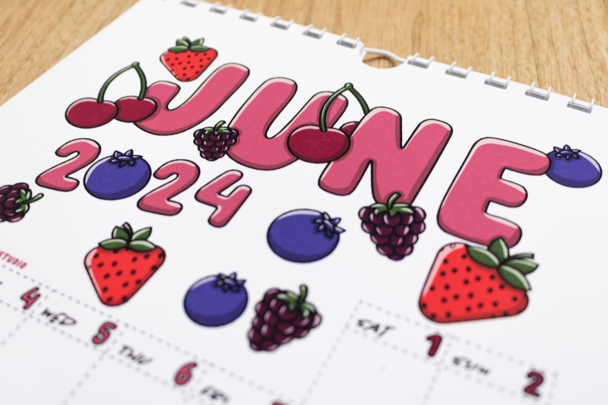 2024 Colourful Wall Calendar - June page with berries