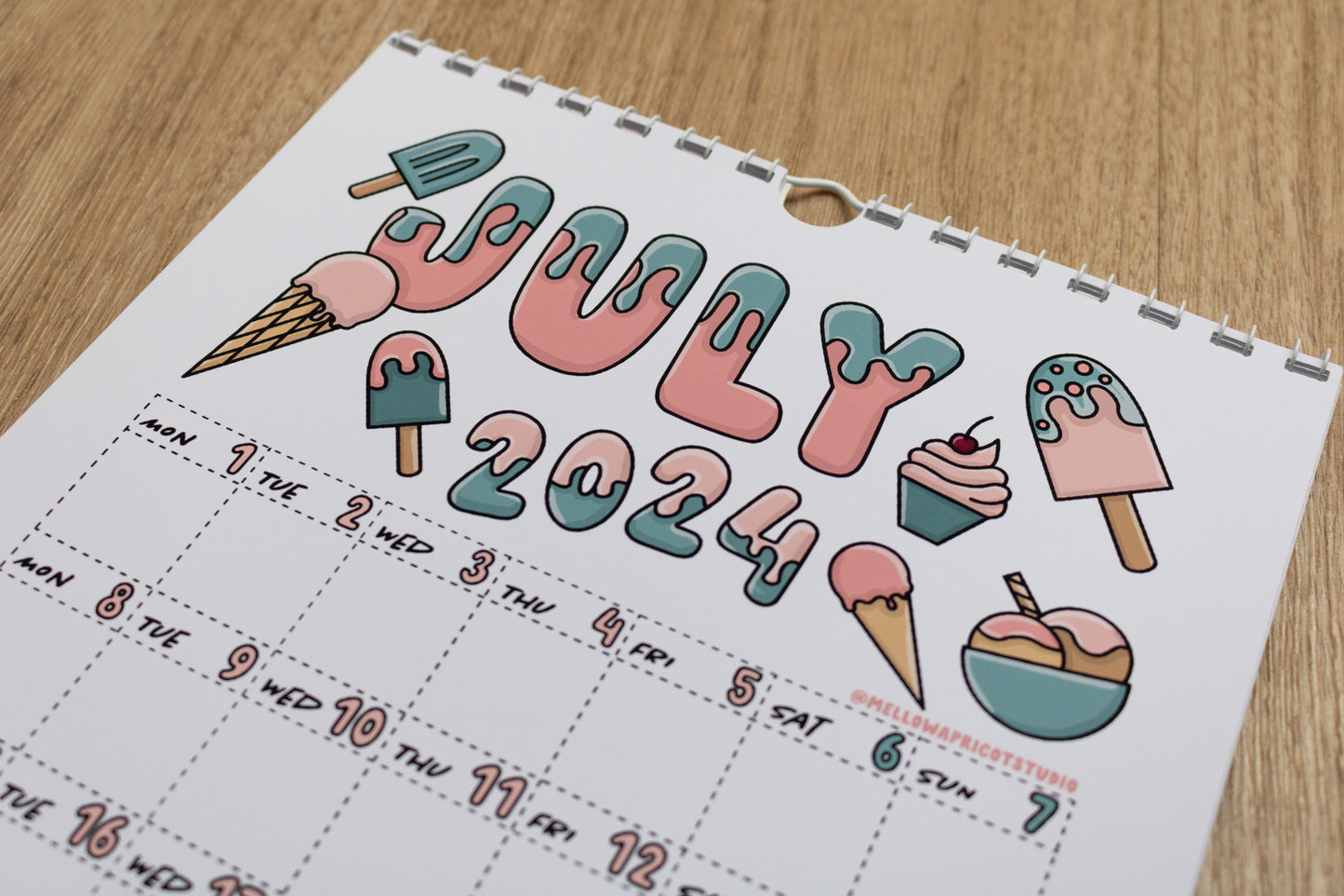 2024 Colourful Wall Calendar - July page with ice creams