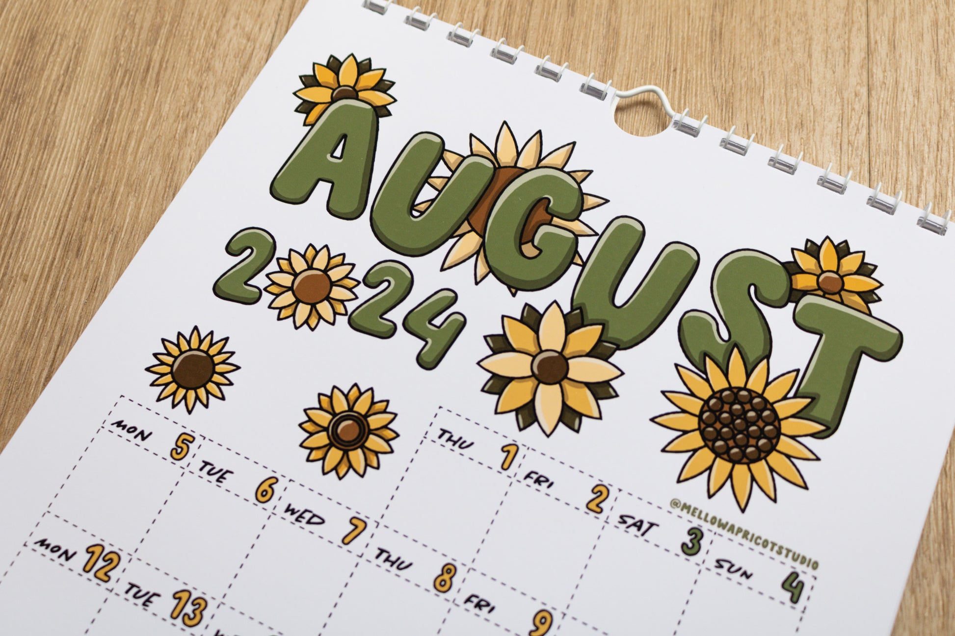 2024 Colourful Wall Calendar - August page with sunflowers