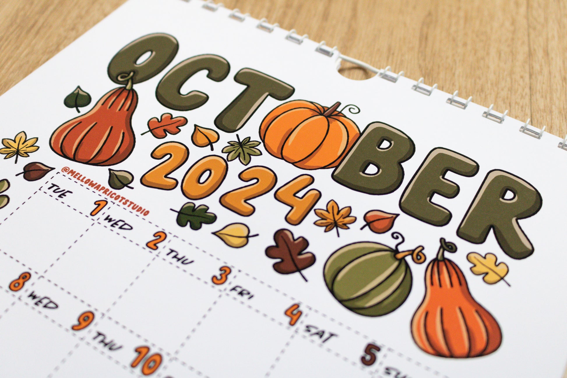 2024 Colourful Wall Calendar - October page with pumpkins