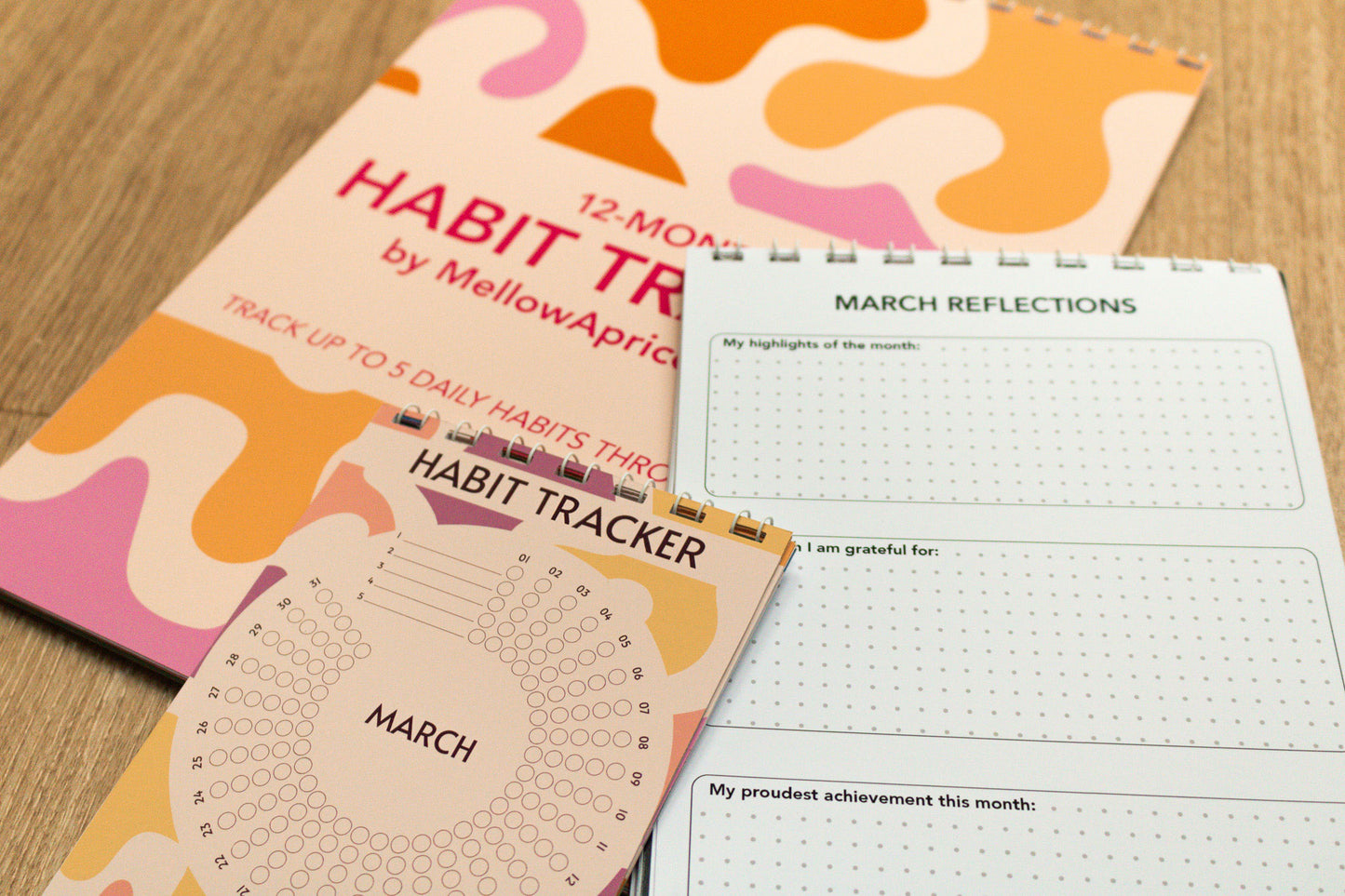 Modern Colourful 12-month Habit Tracker by Mellow Apricot Studio - three different sizes: cover, March page and March reflection