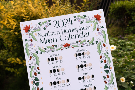 2024 Moon Calendar Northern Hemisphere with illustrated floral design by Mellow Apricot Studio