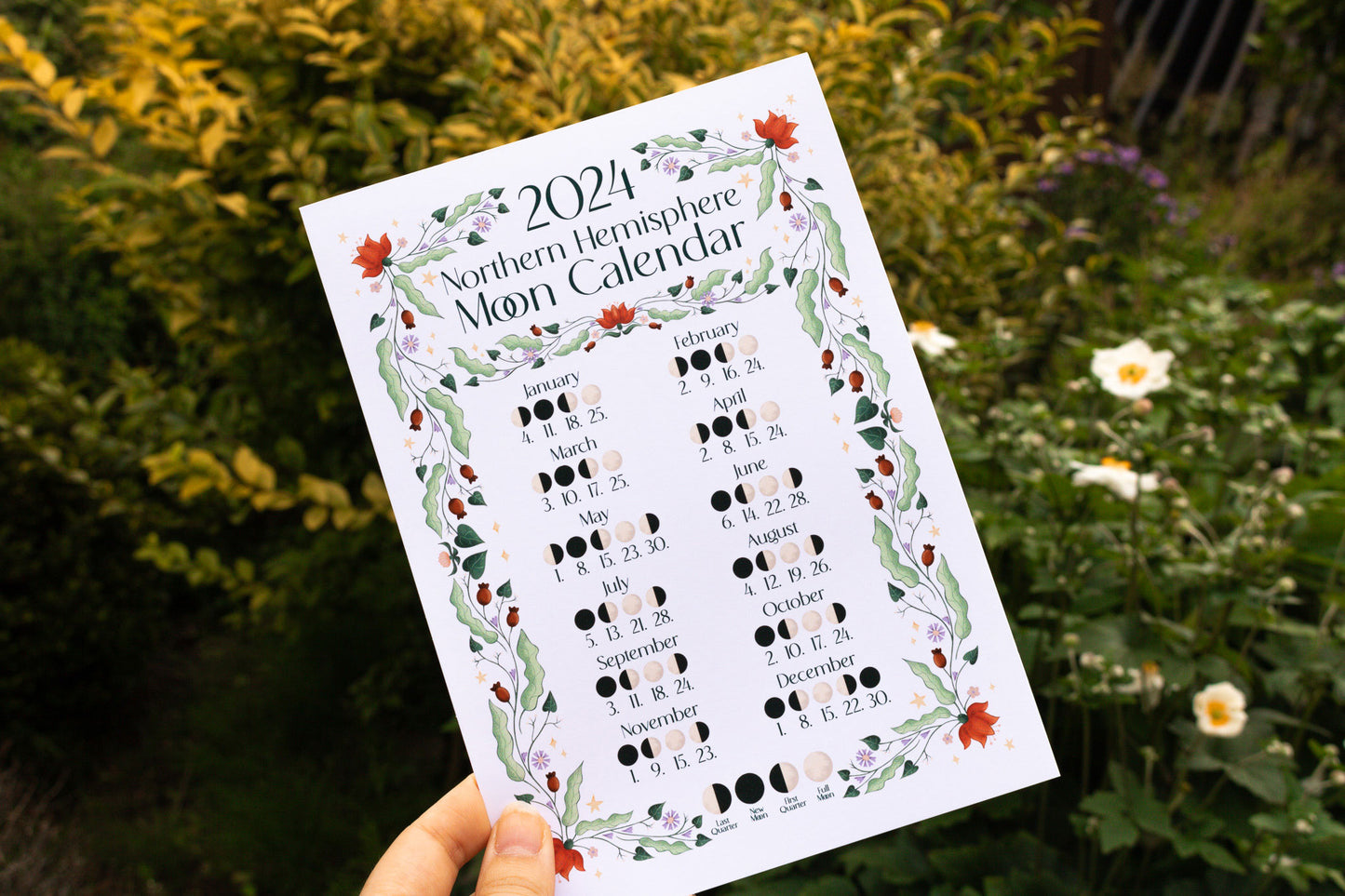 2024 Moon Calendar Northern Hemisphere with illustrated floral design by Mellow Apricot Studio - A5 version