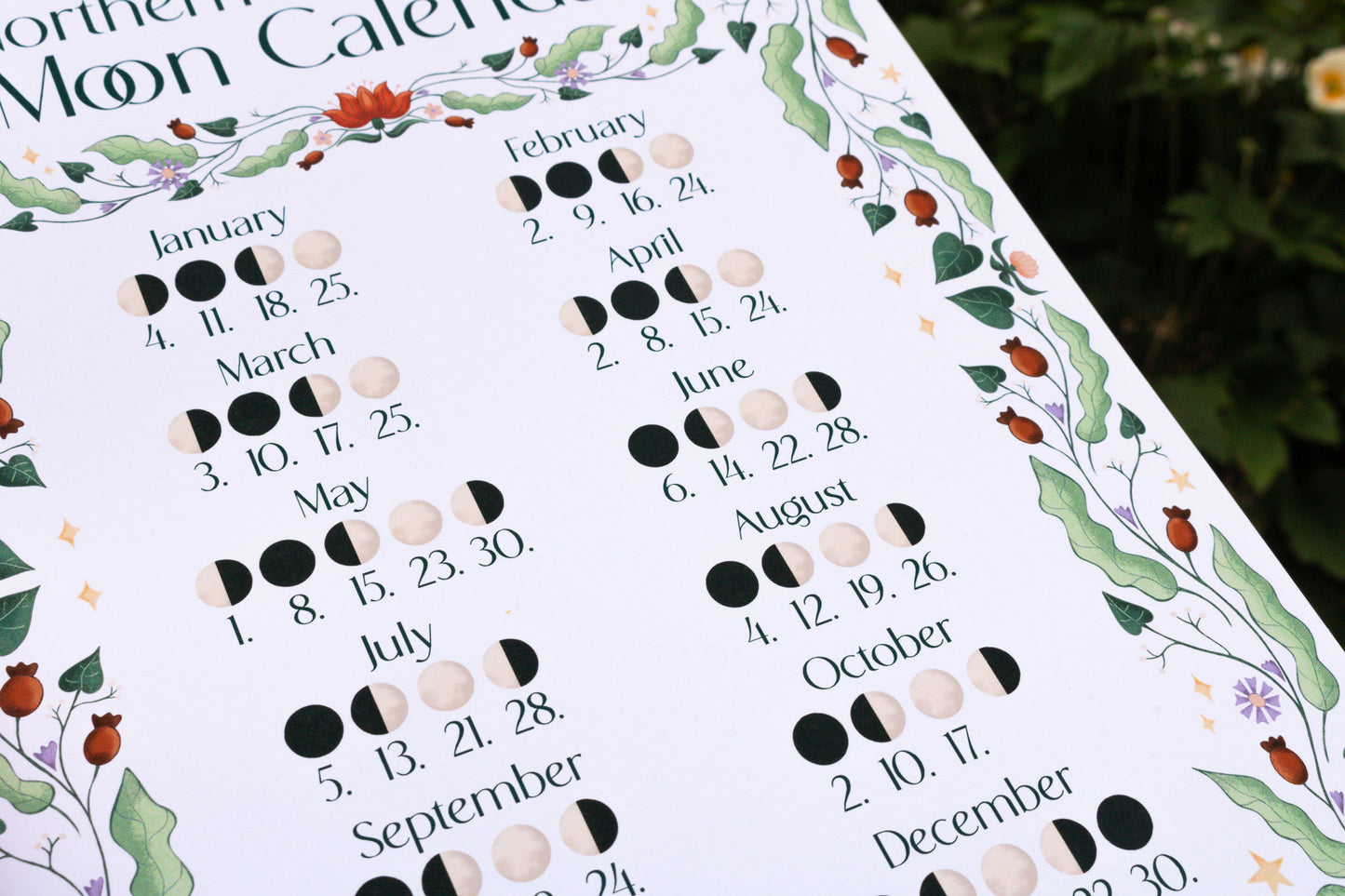 2024 Moon Calendar Northern Hemisphere with illustrated floral design by Mellow Apricot Studio - close up