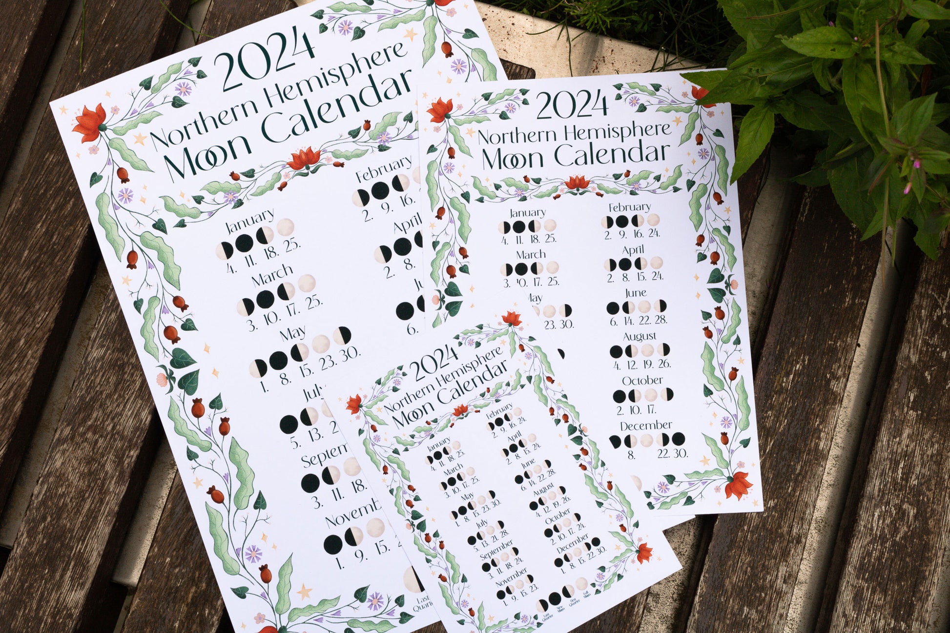 2024 Moon Calendar Northern Hemisphere with illustrated floral design by Mellow Apricot Studio - three sizes: A3, A4 and A5