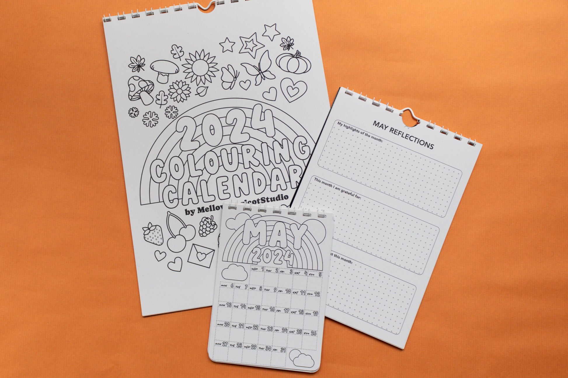 2024 Colouring Wall Calendar by Mellow Apricot Studio - cover, May page and May journal prompts
