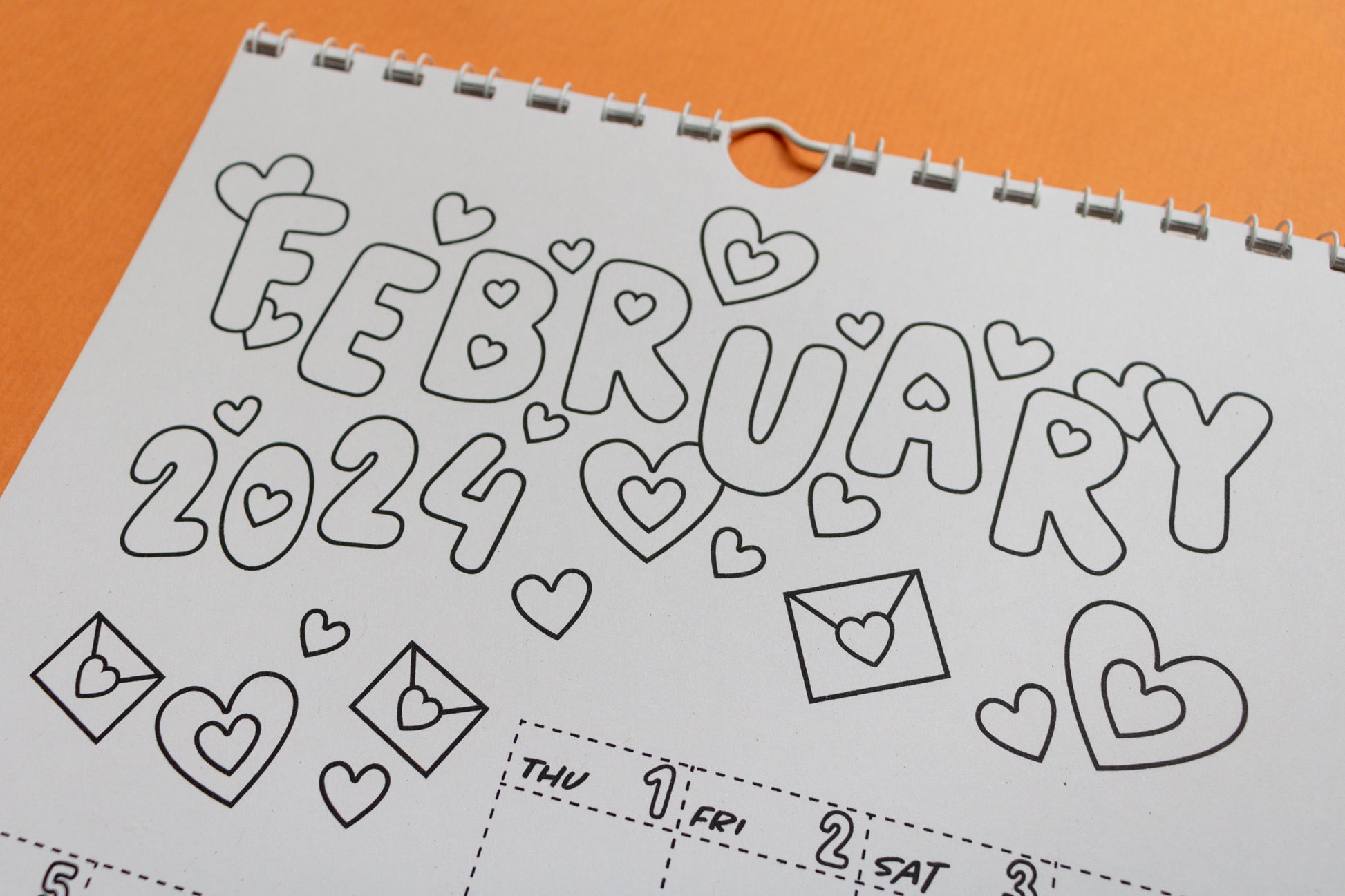 2024 Colouring Wall Calendar by Mellow Apricot Studio - February page with hearts