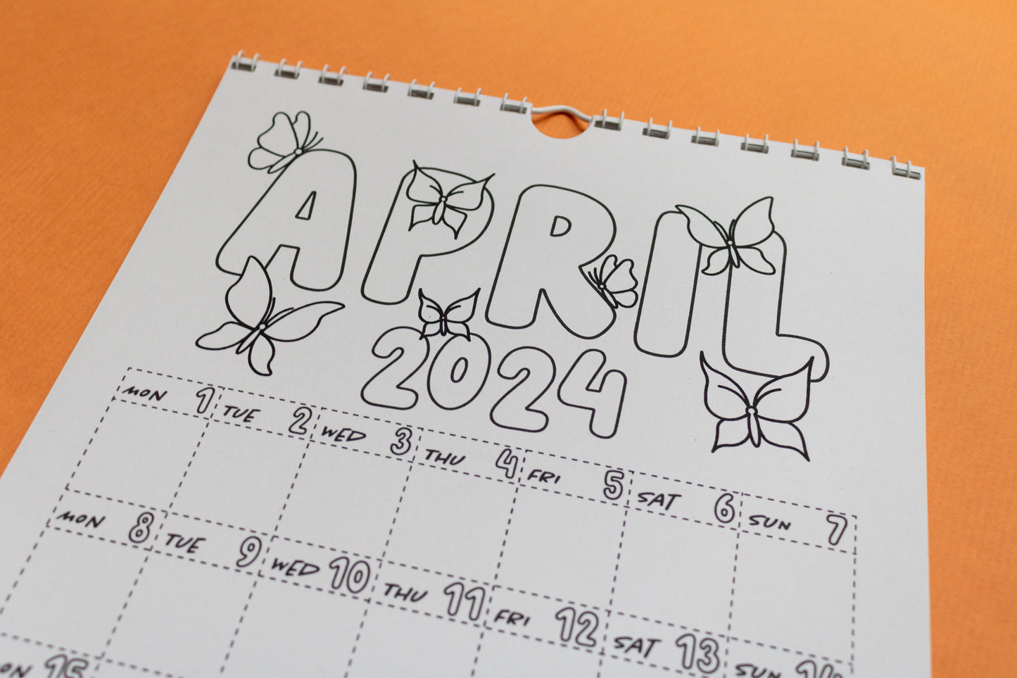 2024 Colouring Wall Calendar by Mellow Apricot Studio - April page with butterflies
