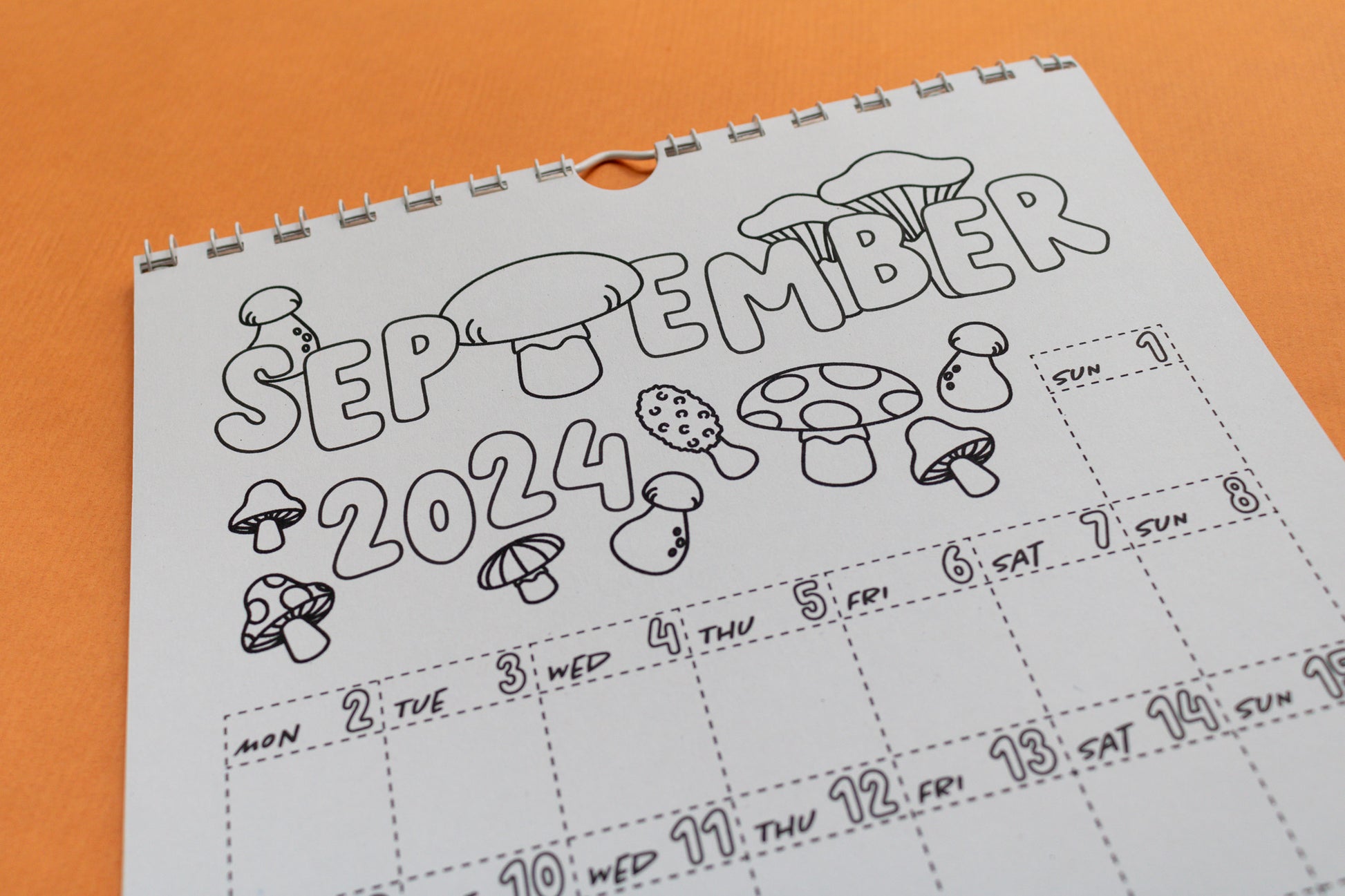 2024 Colouring Wall Calendar by Mellow Apricot Studio - September page with mushrooms