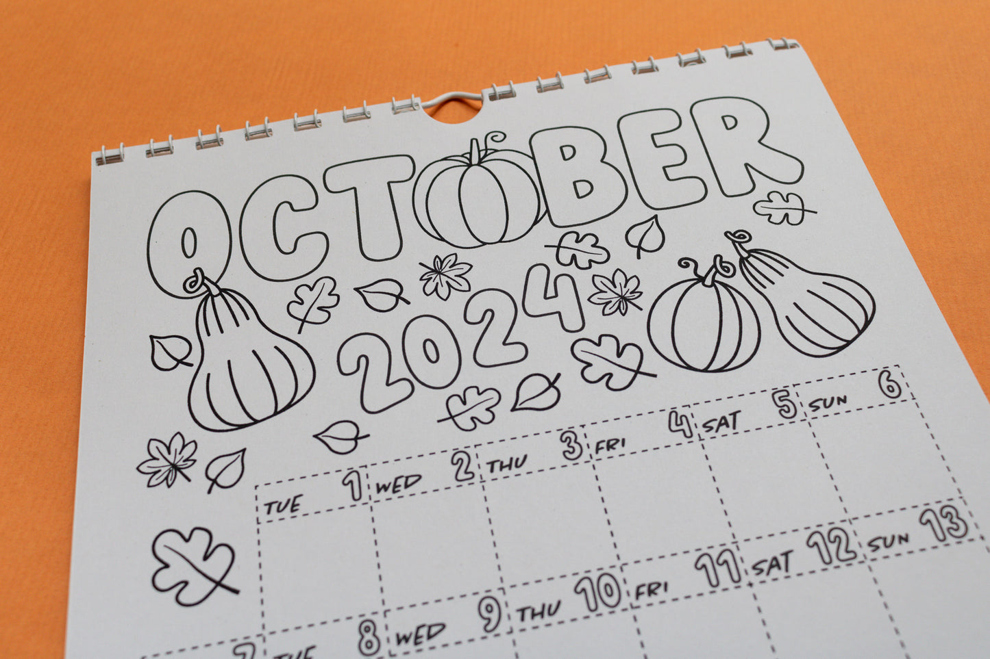 2024 Colouring Wall Calendar by Mellow Apricot Studio - October page with pumpkins