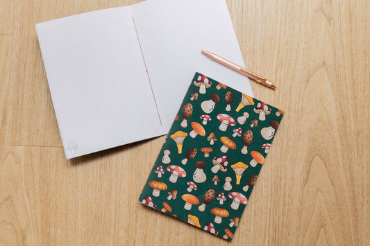 Handmade A5 notebook with mushroom design by MellowApricotStudio