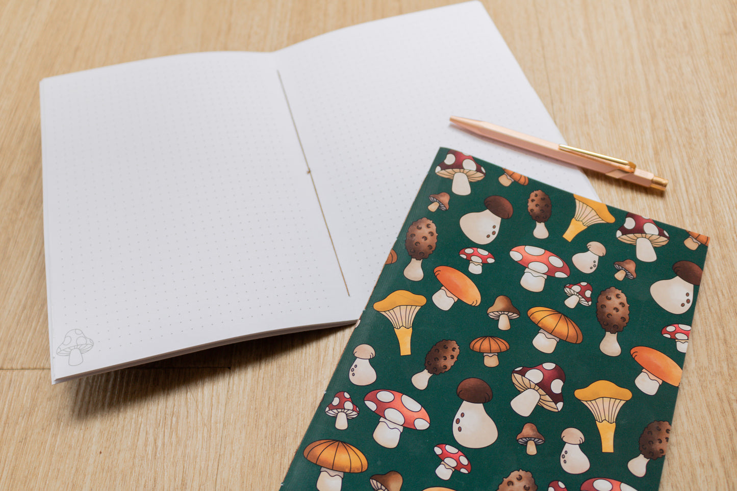Handmade A5 notebook with mushroom design by MellowApricotStudio - close up