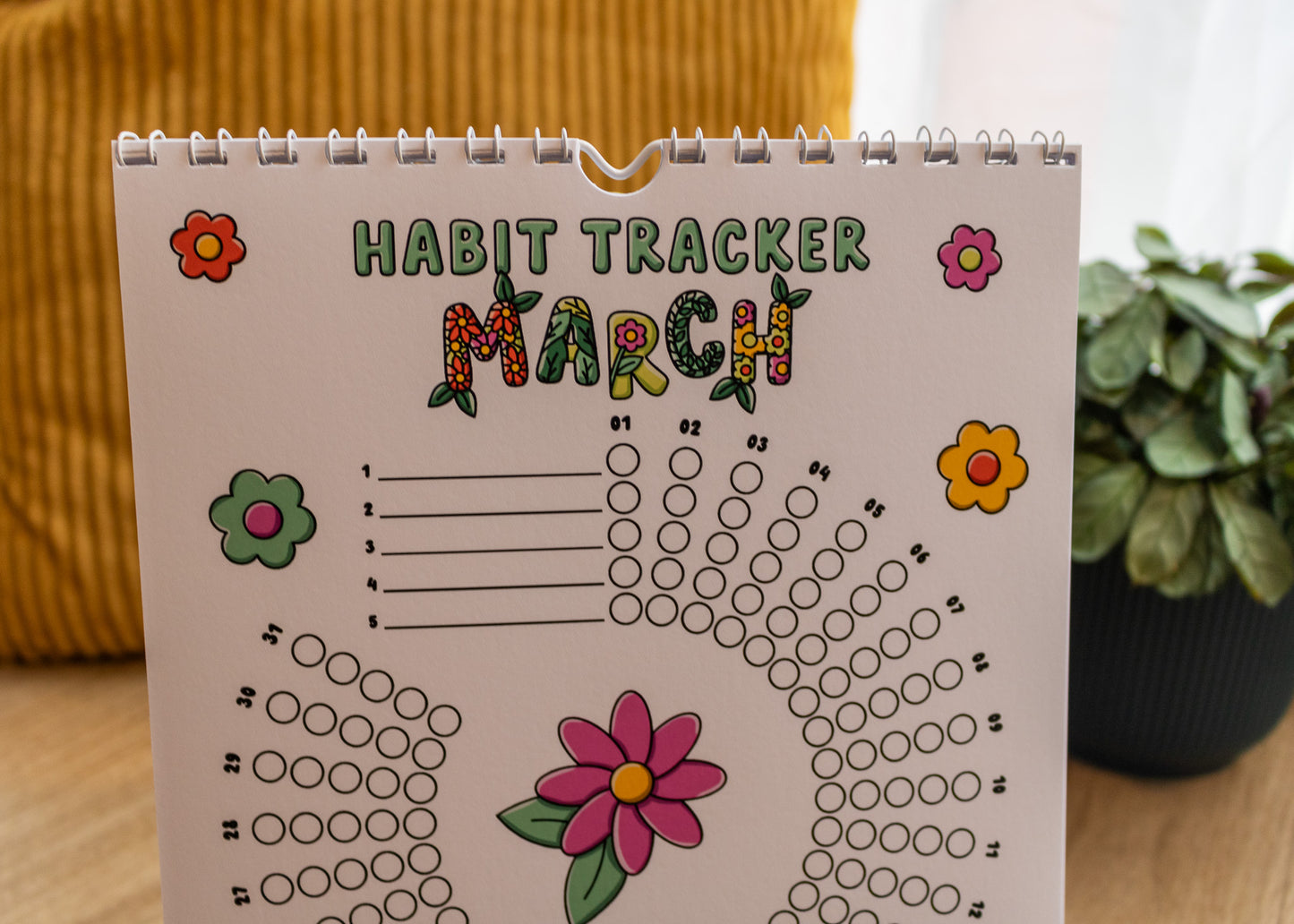 12-Month Playful Habit Tracker by MellowApricotStudio - March page with flowers