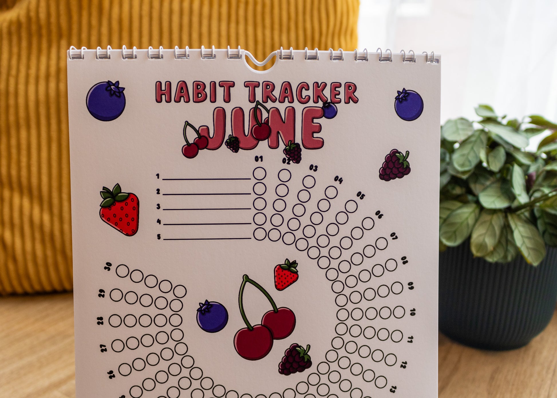 12-Month Playful Habit Tracker by MellowApricotStudio - June page with berries