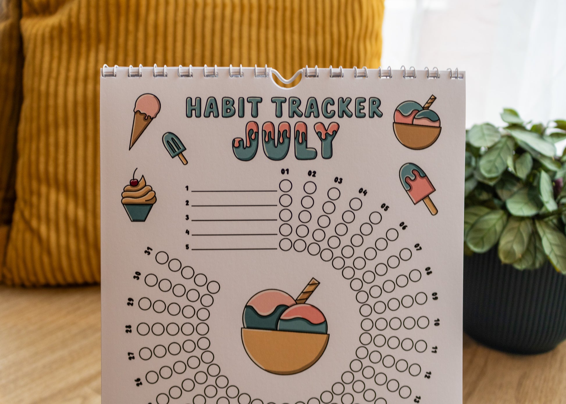 12-Month Playful Habit Tracker by MellowApricotStudio - July page with ice cream