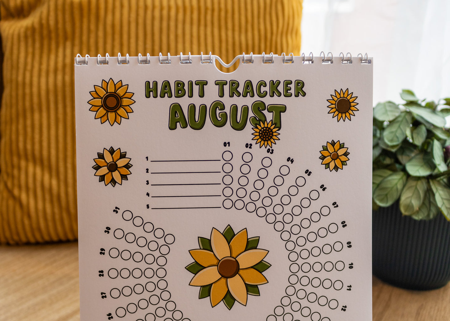 12-Month Playful Habit Tracker by MellowApricotStudio - August page with sunflowers