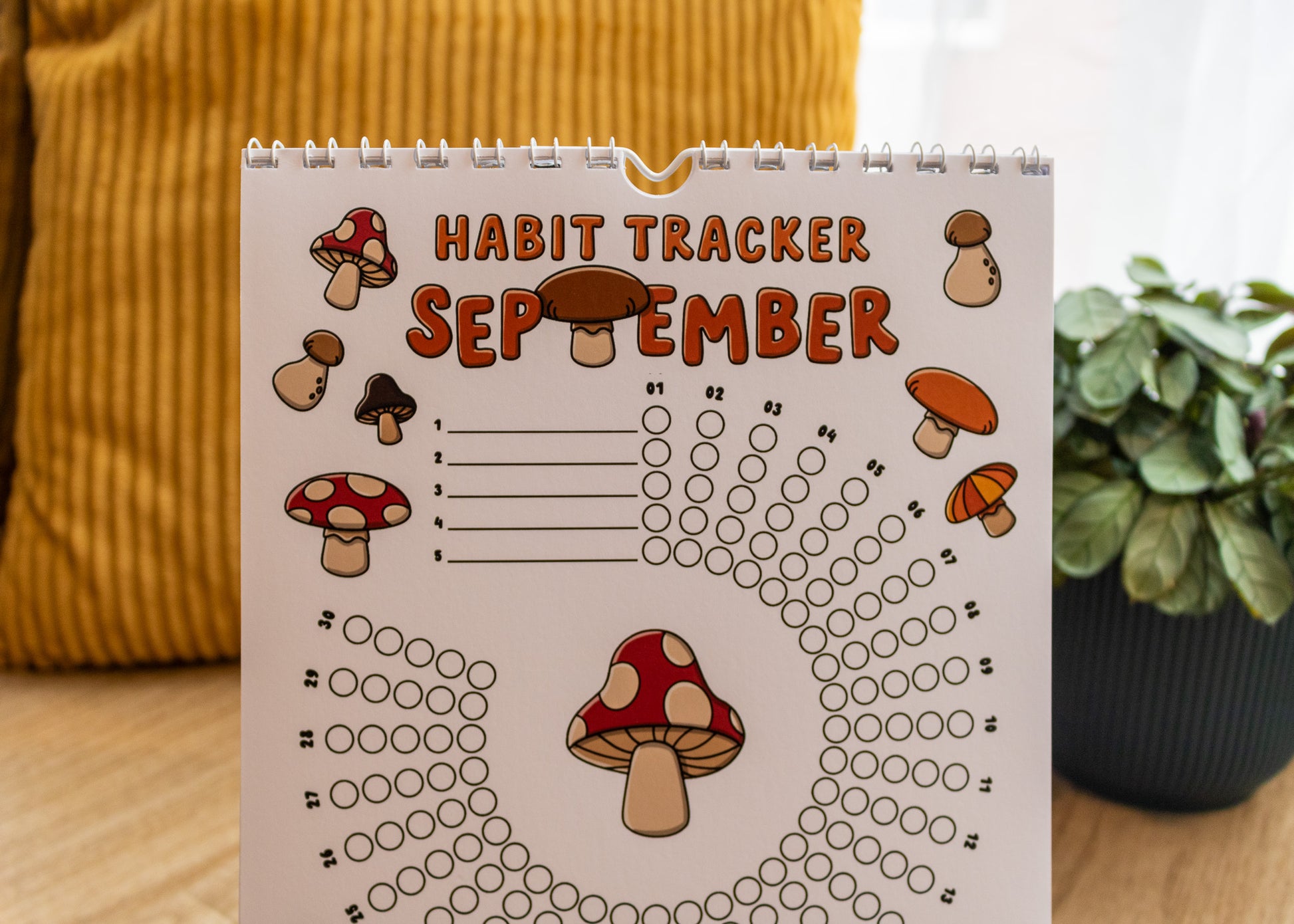 12-Month Playful Habit Tracker by MellowApricotStudio - September page with mushrooms
