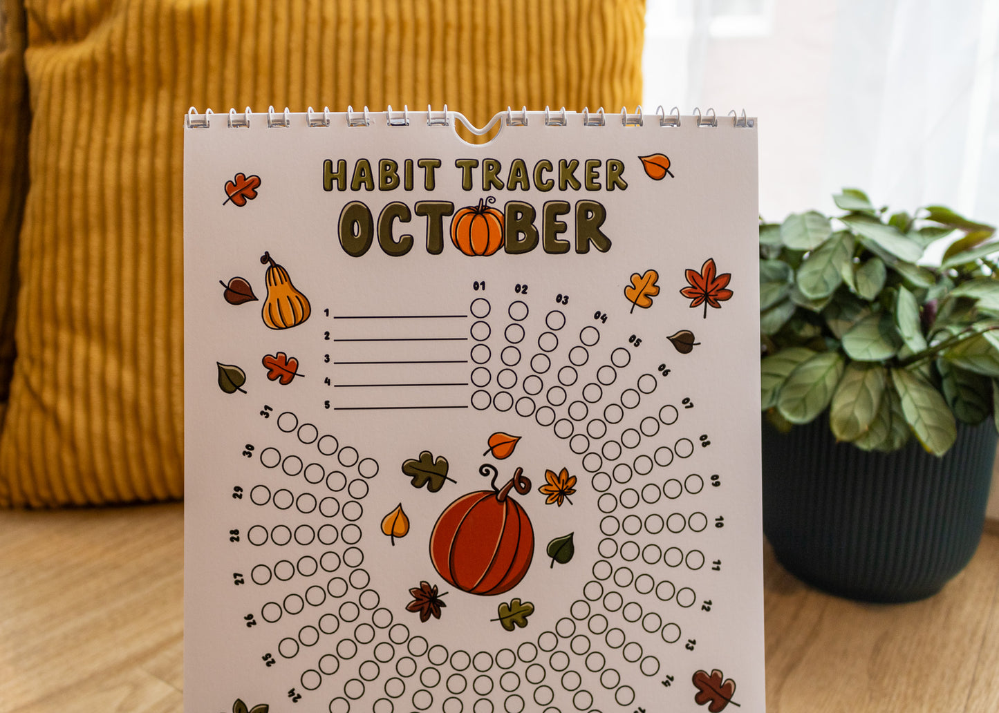 12-Month Playful Habit Tracker by MellowApricotStudio - October page with pumpkins