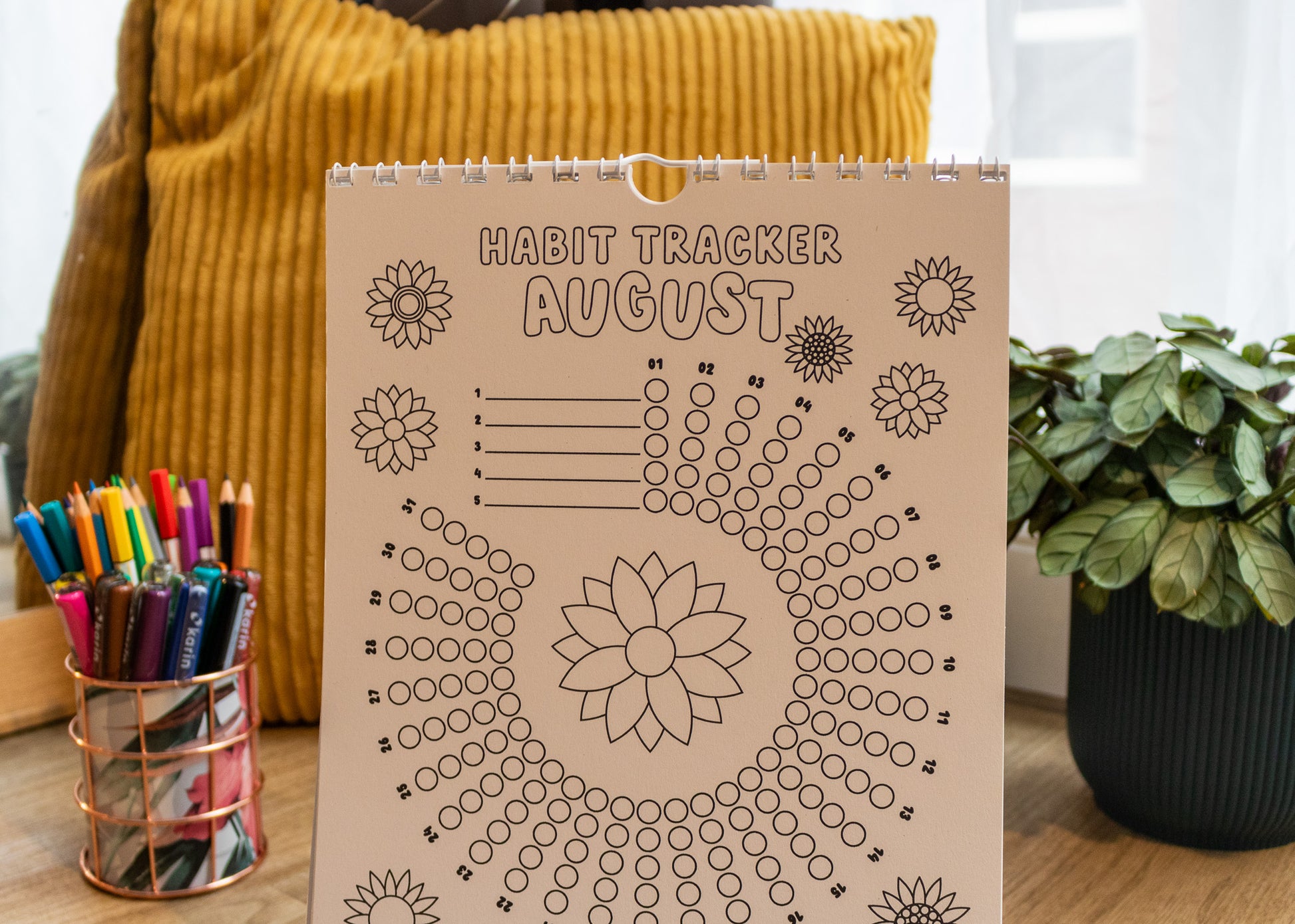 12-Month Colouring Habit Tracker by MellowApricotStudio - August page with sunflowers