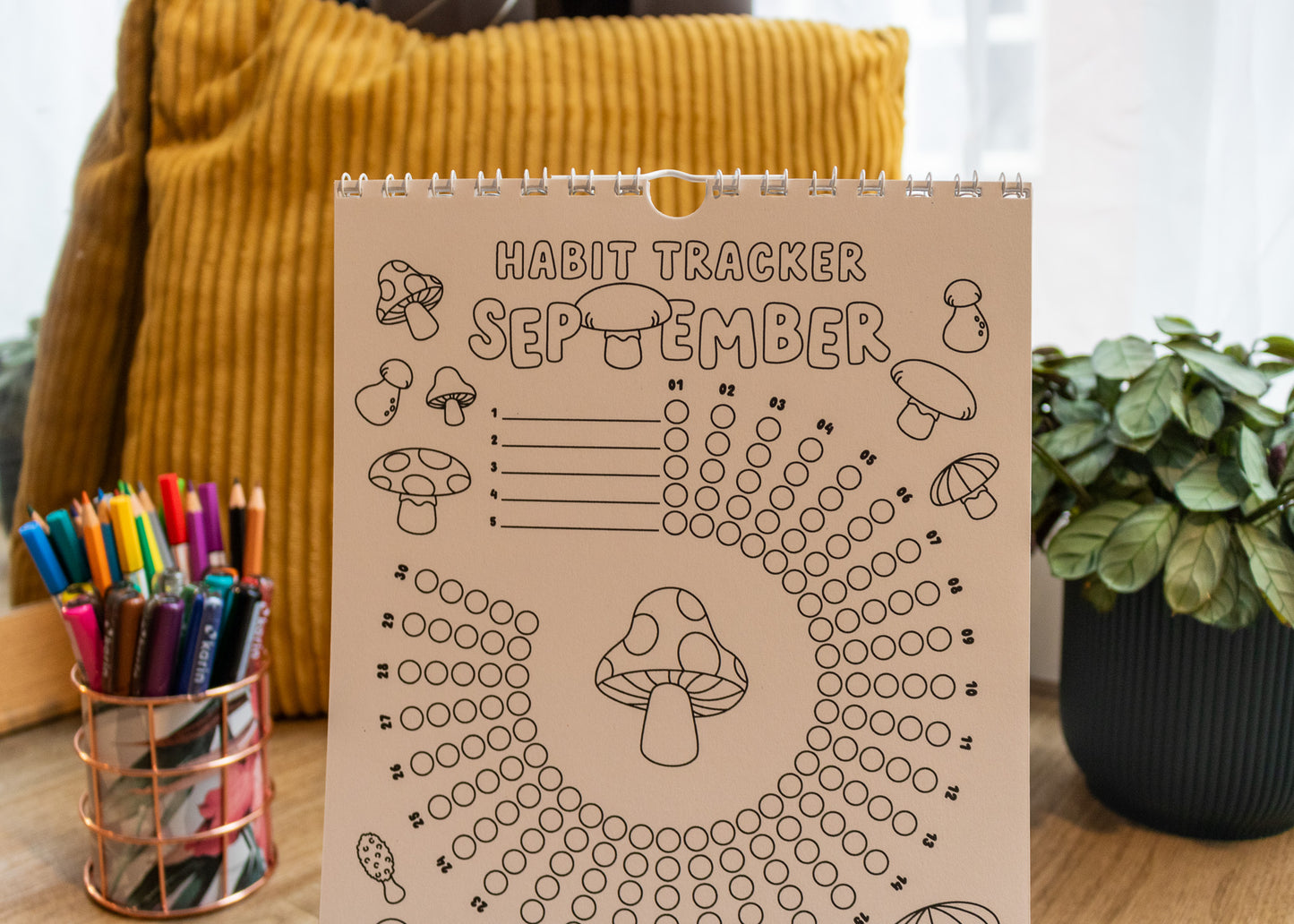 12-Month Colouring Habit Tracker by MellowApricotStudio - September page with mushrooms